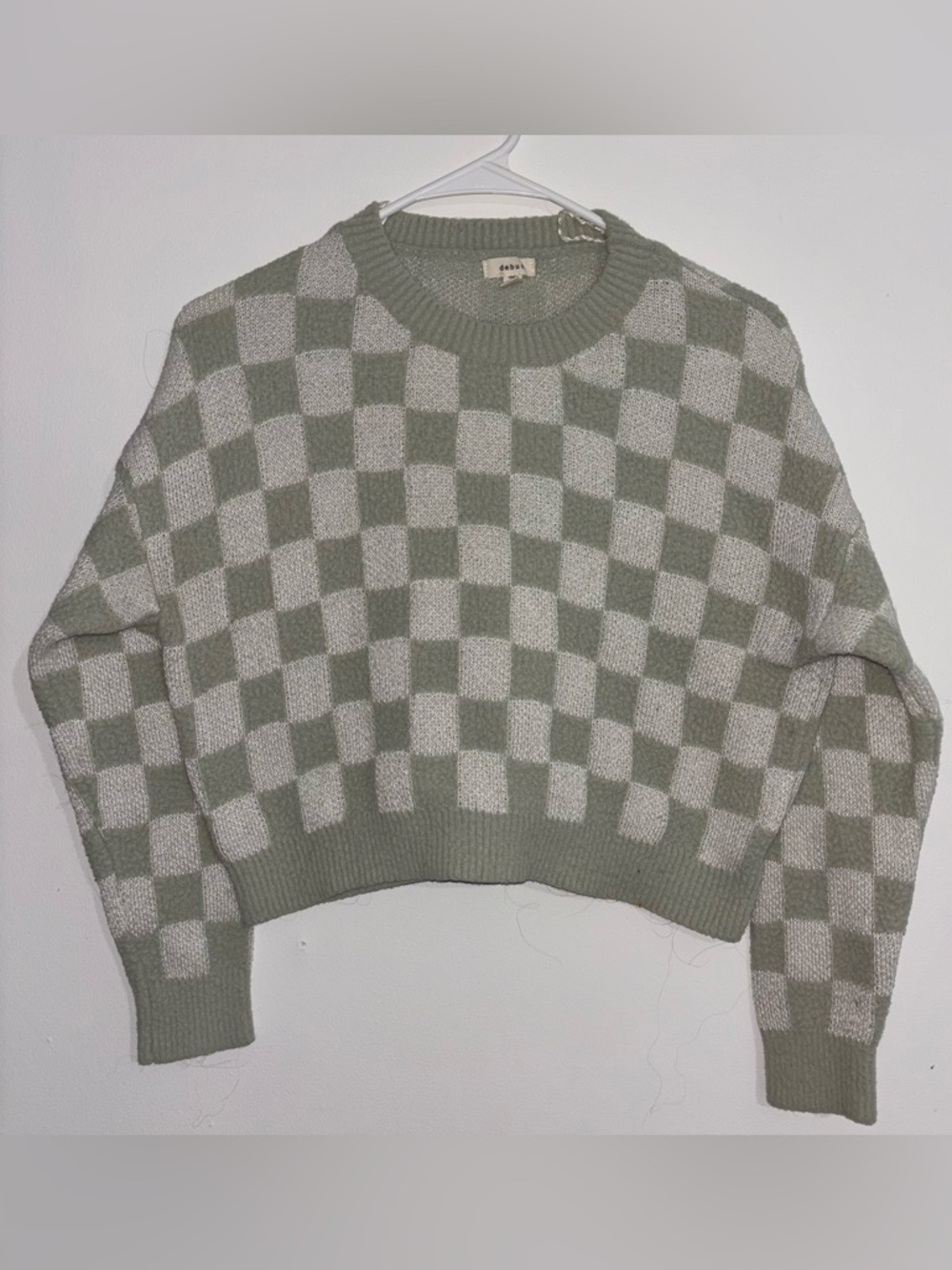 Cropped Checkerboard Knit Sweater - Sage/Cream | Size Small - Picture 2 of 6
